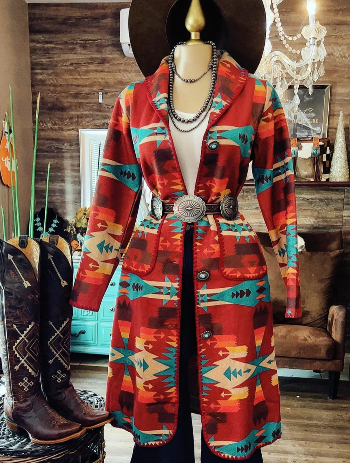 Retro Tribal Pattern Lapel Trench Coat