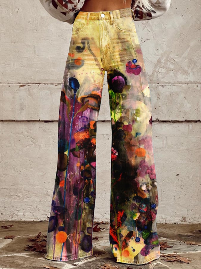 Women's Vintage Oil Painting Floral Wide Leg Pants