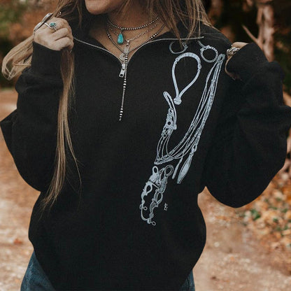 Western Harness Print Zipper Sweatshirt