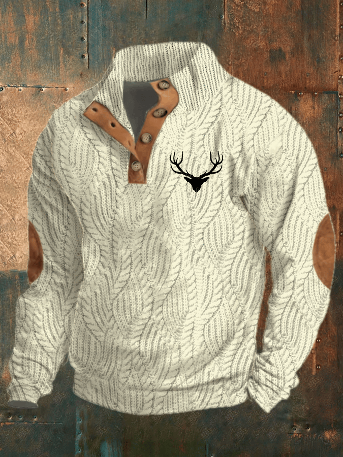 Men's Retro Print Casual Button-Up Sweatshirt