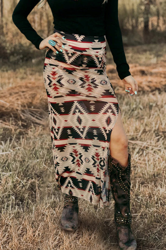 Retro Aztec Pattern Slit Skirt