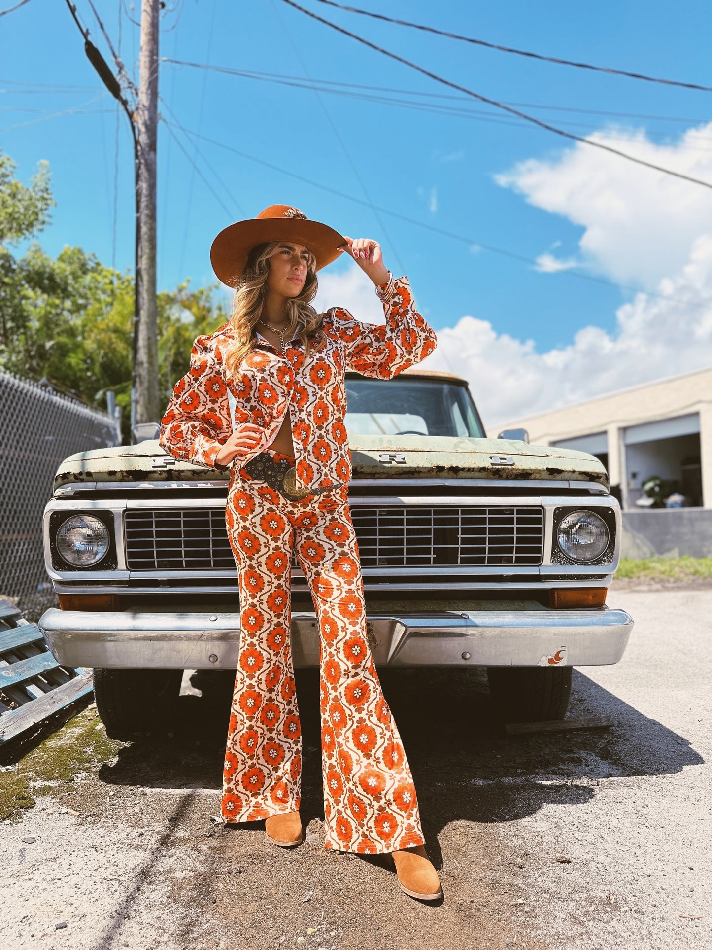 Going To California Satin Large Poppy Flower Pouf Sleeve Button Up Blouse