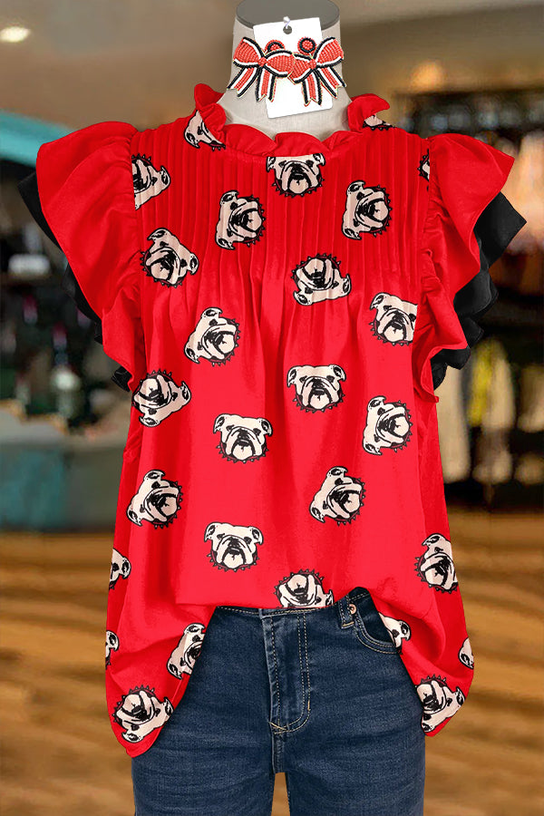 Red Black Bulldog Gameday Ruffled Sleeve Paneled Pleated Blouse