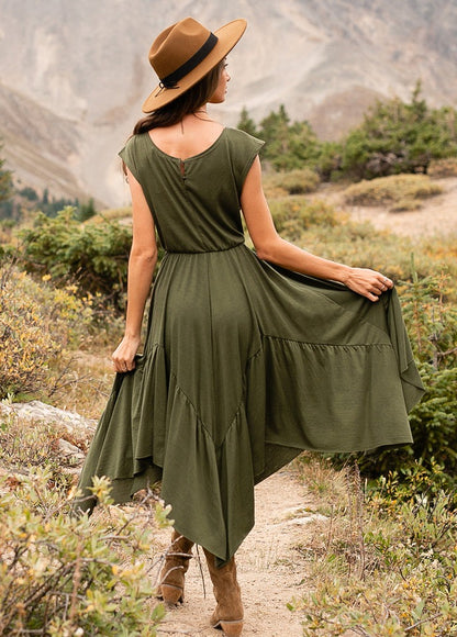 Green Cotton Linen Strapless Irregular Dress