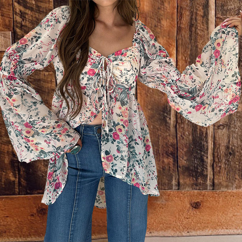 Western Floral Print Bell Sleeve Top