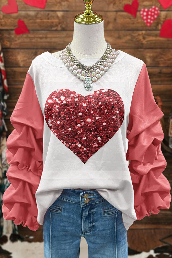 Cute Valentine's Day Print Pleated Blouse