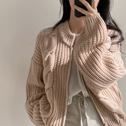 Vintage Chunky Knit Cardigan Zippered Cable Sweater