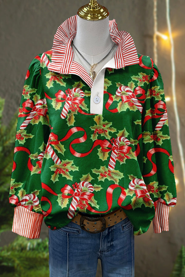 Christmas Candy Canes Print Stripe Puff Sleeve Blouse