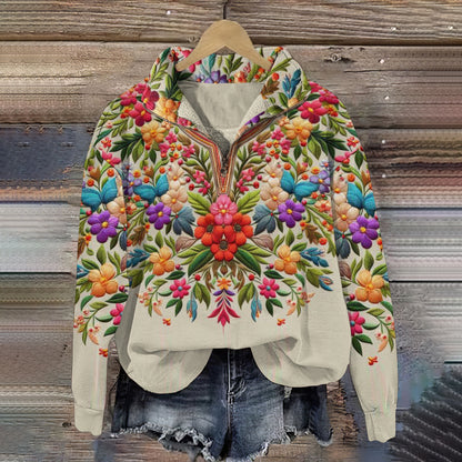 Vintage Floral Print Women's Zipper Sweatshirt