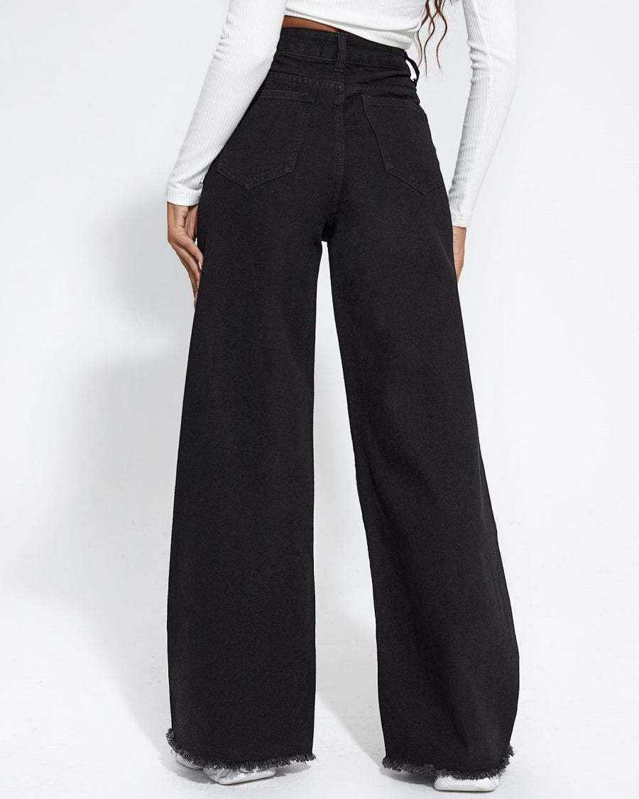 High-Waisted Wide-Leg Jeans Raw-Edge Loose Trousers