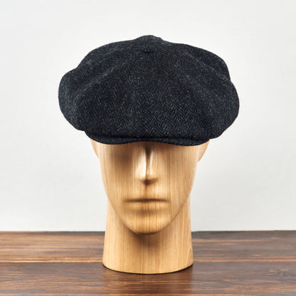 PEAKED CAPS Genuine Scottish Harris Tweed 8 Panels Man Cap Wool Large Crown BLACK