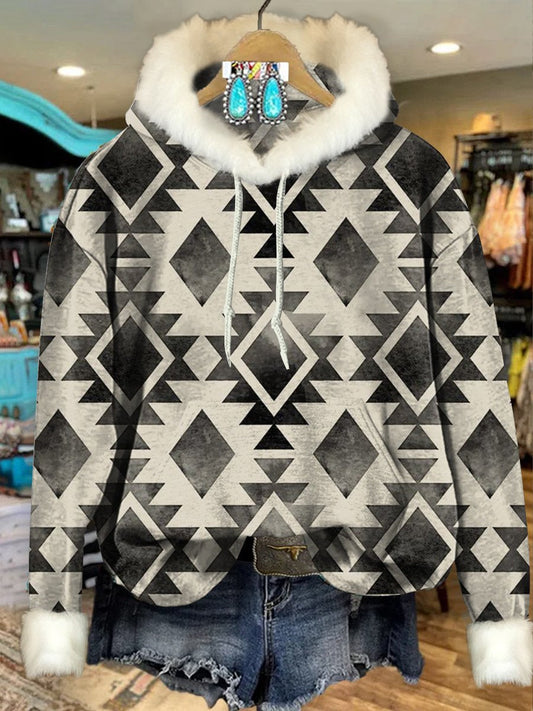 Beige Vintage Aztec Print Imitation Rabbit Fur Trim Casual Hoodie Sweatshirt