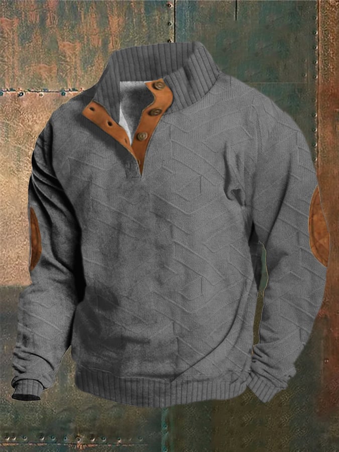 Men's Western Vintage Knitted Jacquard Print Stand Collar Button Sweatshirt