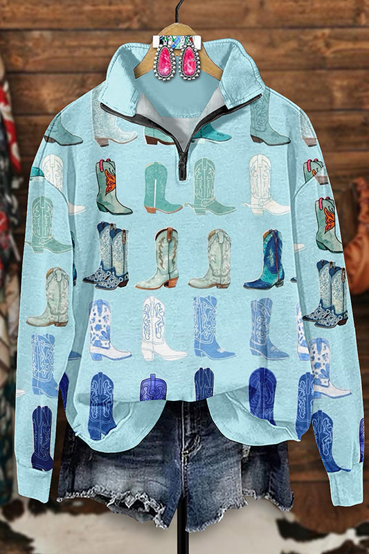 Vintage Western Boots Print Zip-Up Sweatshirt