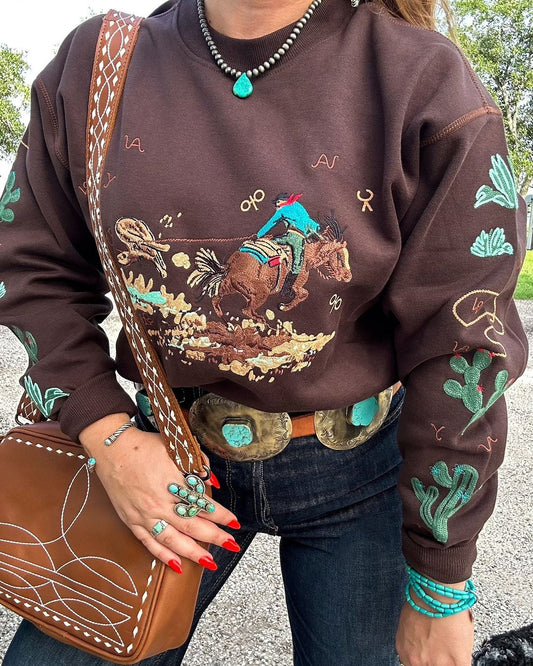 Brown Western Retro Stretch Cowboy Embroidery Pullover Sweatshirt