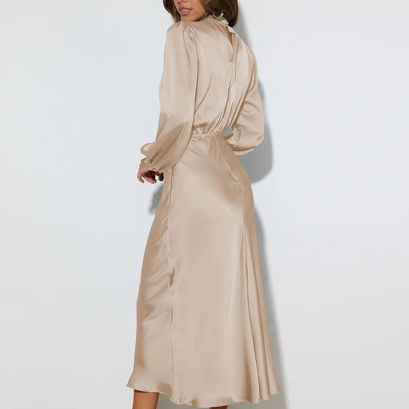 High-end Satin Long-sleeved Loose Dress, Elegant Women's Evening Dress