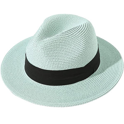 Wide Brim Straw Panama Roll up Hat Belt Buckle Fedora Beach Sun Hat