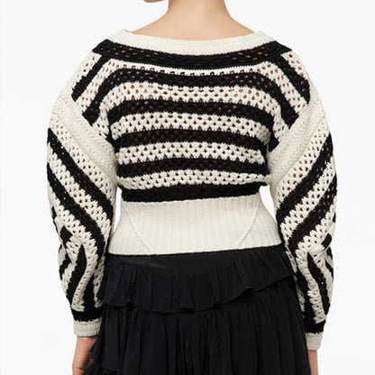 Round Neck Black And White Hollow Waist Short Women's Sweater