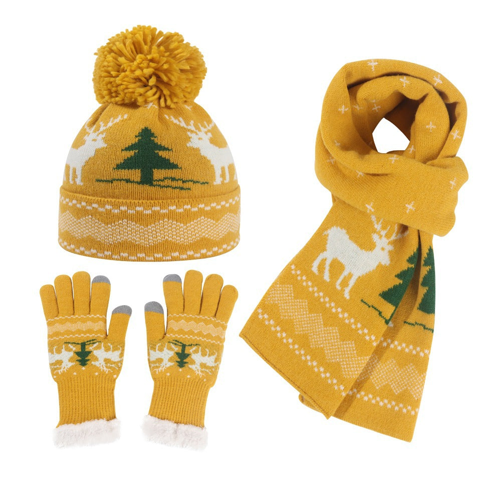 Unisex Christmas Elk Hat, Neck Scarf And Gloves Knitted Set