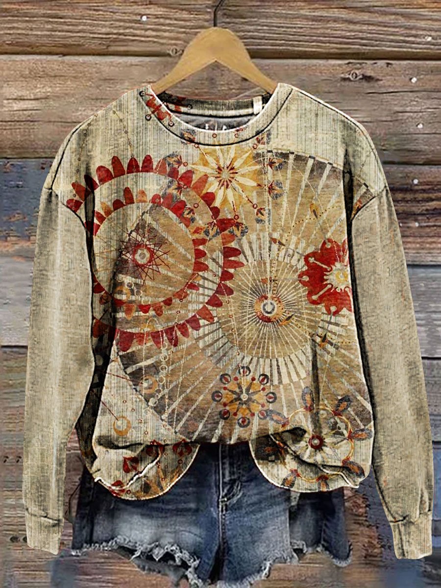 Vintage Ethnic Floral Art Print Casual Sweatshirt