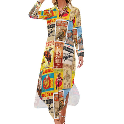 Vintage Rodeo Poster Button-Up Long Sleeve Shirt Duster Dress