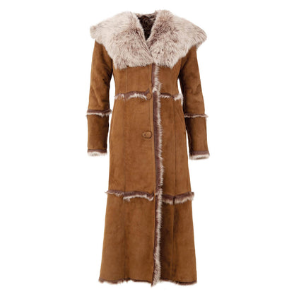 Women's Vintage Suede Fleece Fur Long Shearling Hooded Jacket Afghan Coat