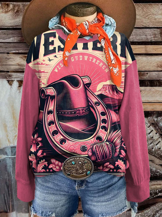 Women's Vintage Horseshoe Poster Art Casual Print Corduroy Sweatshirt