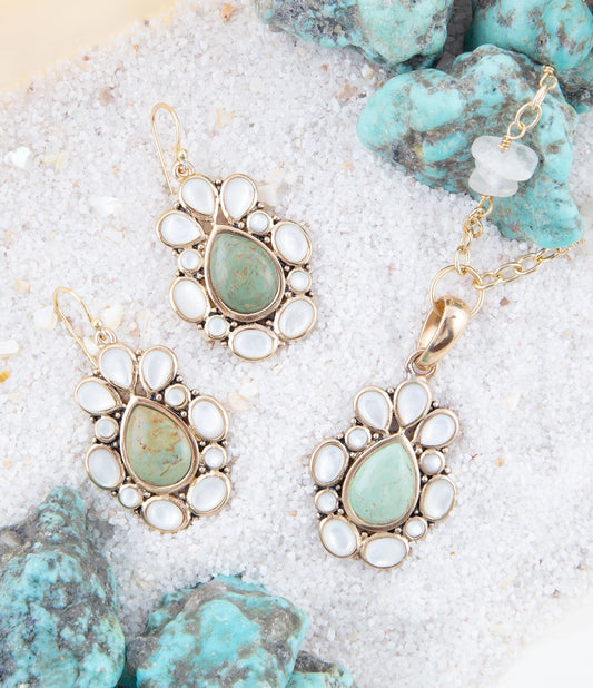 Green Turquoise and White Mother of Pearl Golden Bronze Drop Earrings