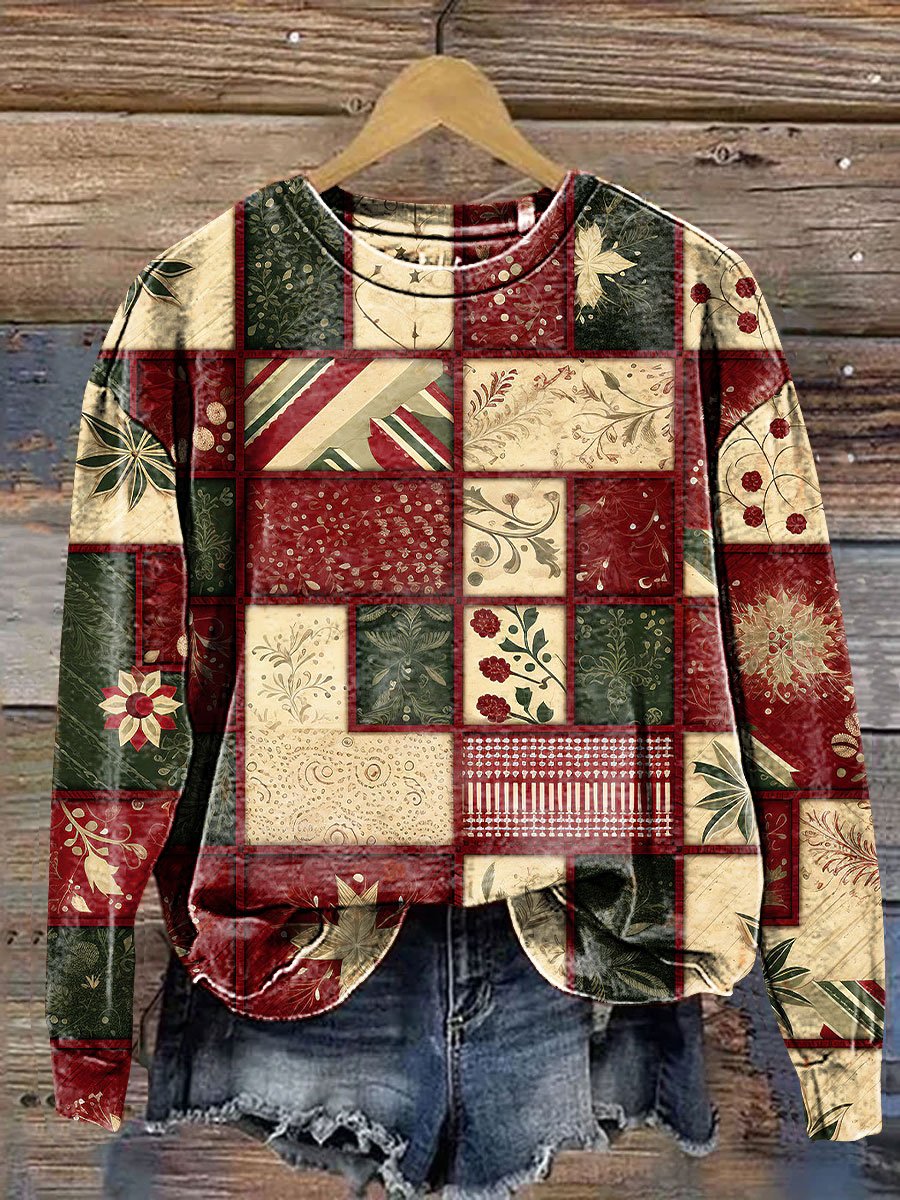 Vintage Christmas Gift Patchwork Art Print Casual Sweatshirt