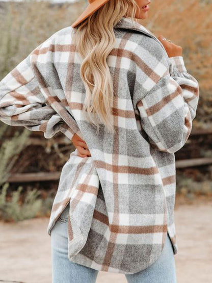 Vintage Plaid Print Woolen Coat Jacket