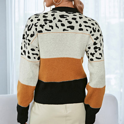 Women's Leopard Print Colorblock Round Neck Casual Sweater