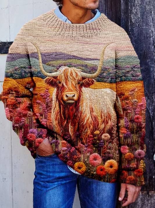 Men's Floral Highland Cow Embroidered Cozy Knit Sweater