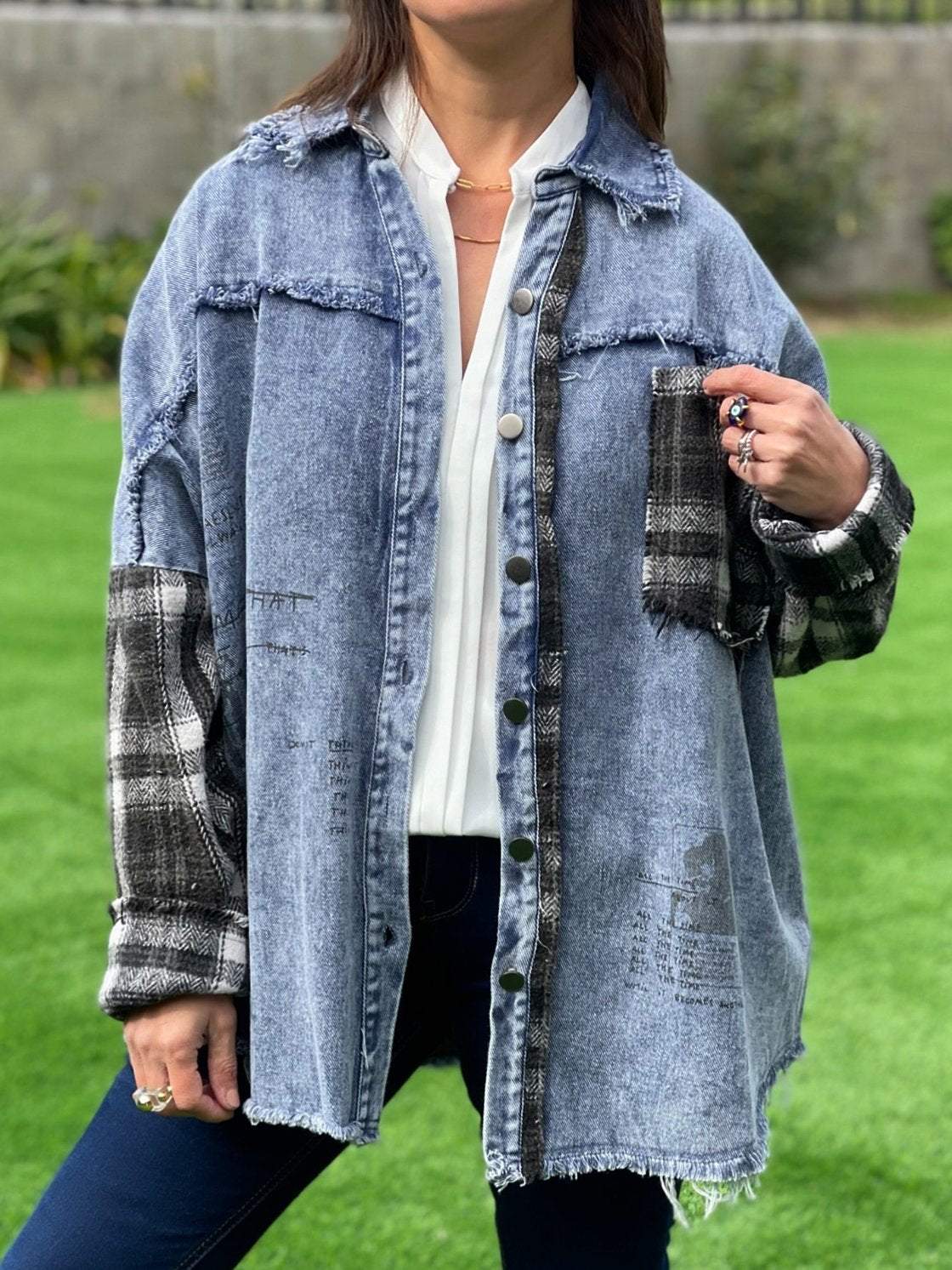 Women's Casual Plaid Patchwork Denim Jacket