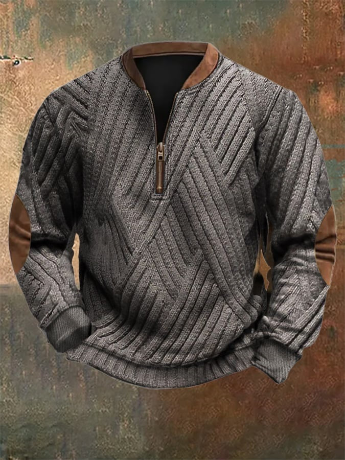 Men's Vintage Western Knitted Print Zipper Stand Collar Casual Sweatshirt