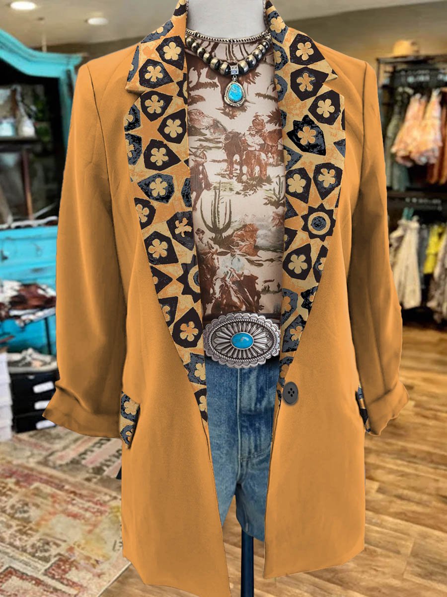 Women's Retro Yellow Flowers Print 3/4 Sleeve Casual Blazer