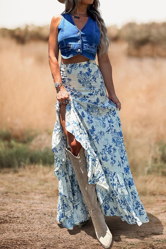 Southern Floral Print Ruffled Slit Maxi Skirt