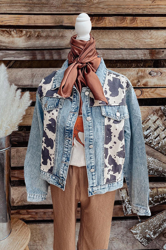 Cow Print Patchwork Denim Jacket