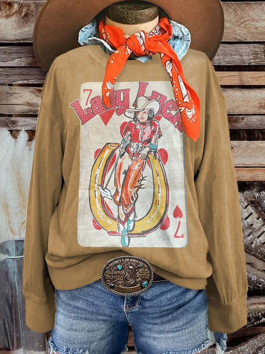 Women's Poker Cowgirl Print Casual Corduroy Sweatshirt