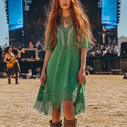 Music Festival Rock Rave Party Vintage Wasteland Ethnic Lace Tassel Floral Linen Dress