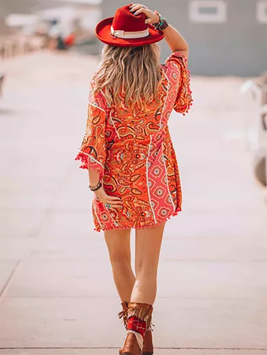 Red Pretty Aztec Print Mini Dress