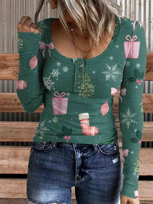 Women's Christmas Print  Comfortable Cotton Henley Shirt