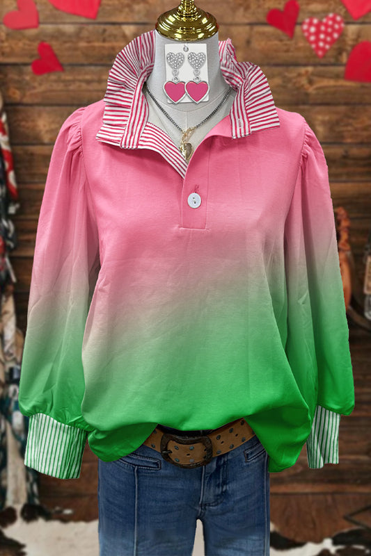 Fresh Gradient Stripe Print Stand Collar Blouse