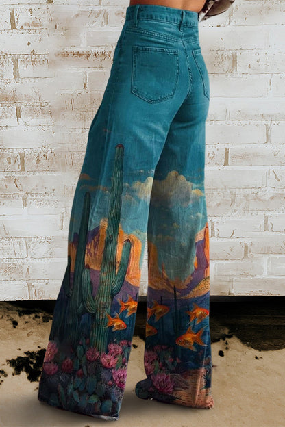 Women's Cactus Print Casual Wide Leg Pants