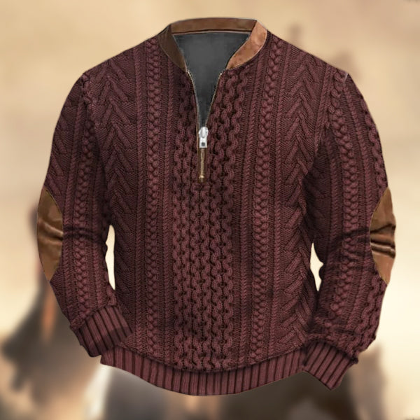 Men's Vintage Western Knit Print Zipper Stand Collar Casual Sweatshirt