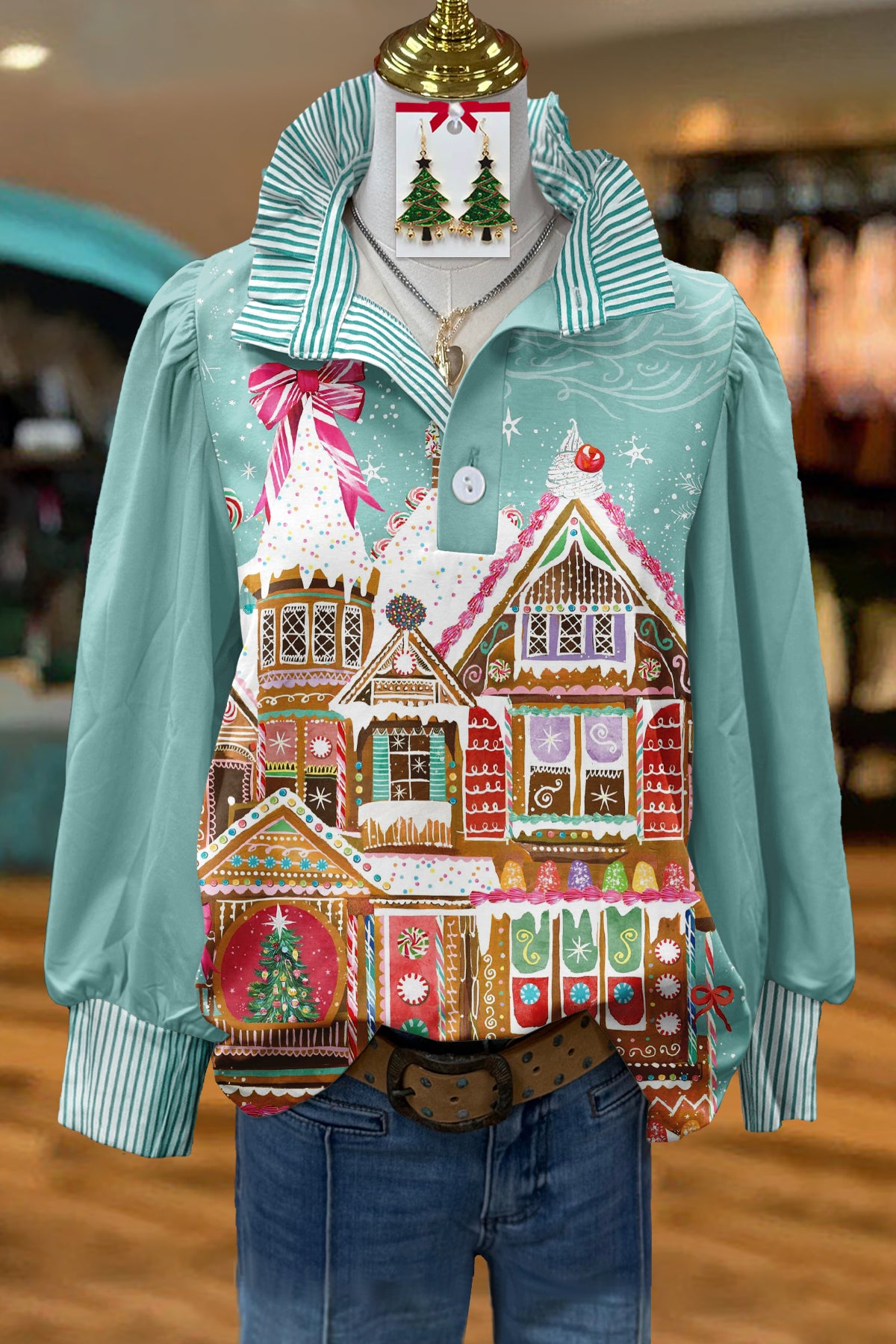 Fresh Christmas Gingerbread House Print Stand Collar Blouse