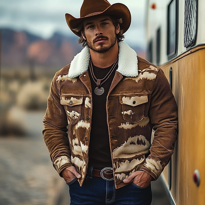 Men's Vintage Western Cowboy Printed Sherpa Jacket