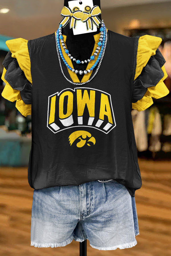 Gold Black Gameday Iowa Print Flying Sleeve Blouse