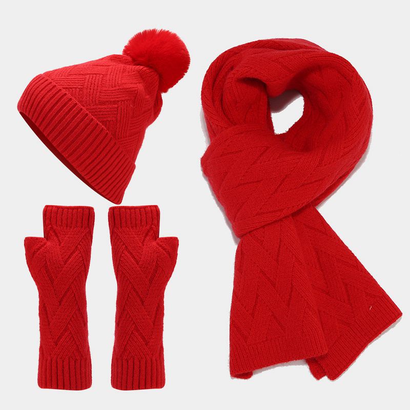 Unisex Christmas Warm Hat Gloves Scarf Solid Color Knitted Set