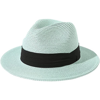 Wide Brim Straw Panama Roll up Hat Belt Buckle Fedora Beach Sun Hat