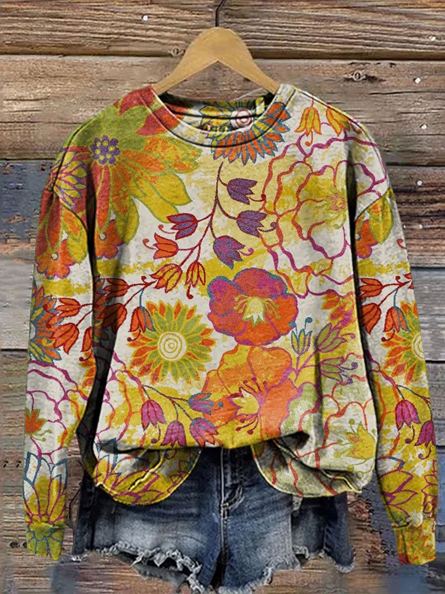 Retro Hippie Print  Casual Sweatshirt